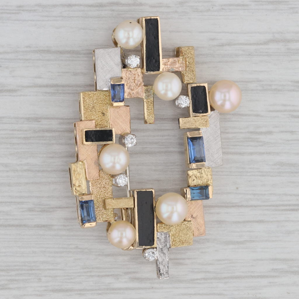 Gray Diamond Blue Sapphire Cultured Pearl Brooch 18k Yellow Gold Pin