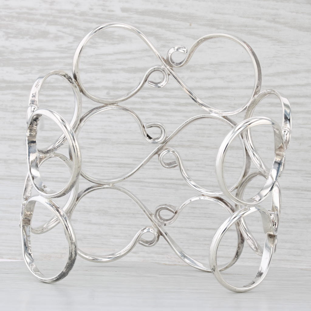 Light Gray Open Work Cuff Bracelet Sterling Silver Mexico 7" Statement