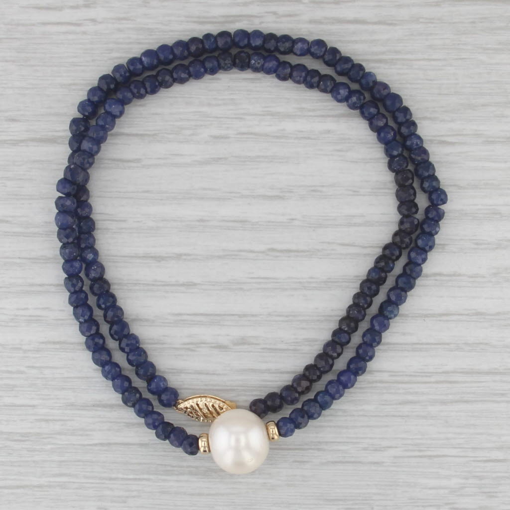Cultured Pearl Sapphire Bead Strand Necklace 14k Yellow Gold 18"