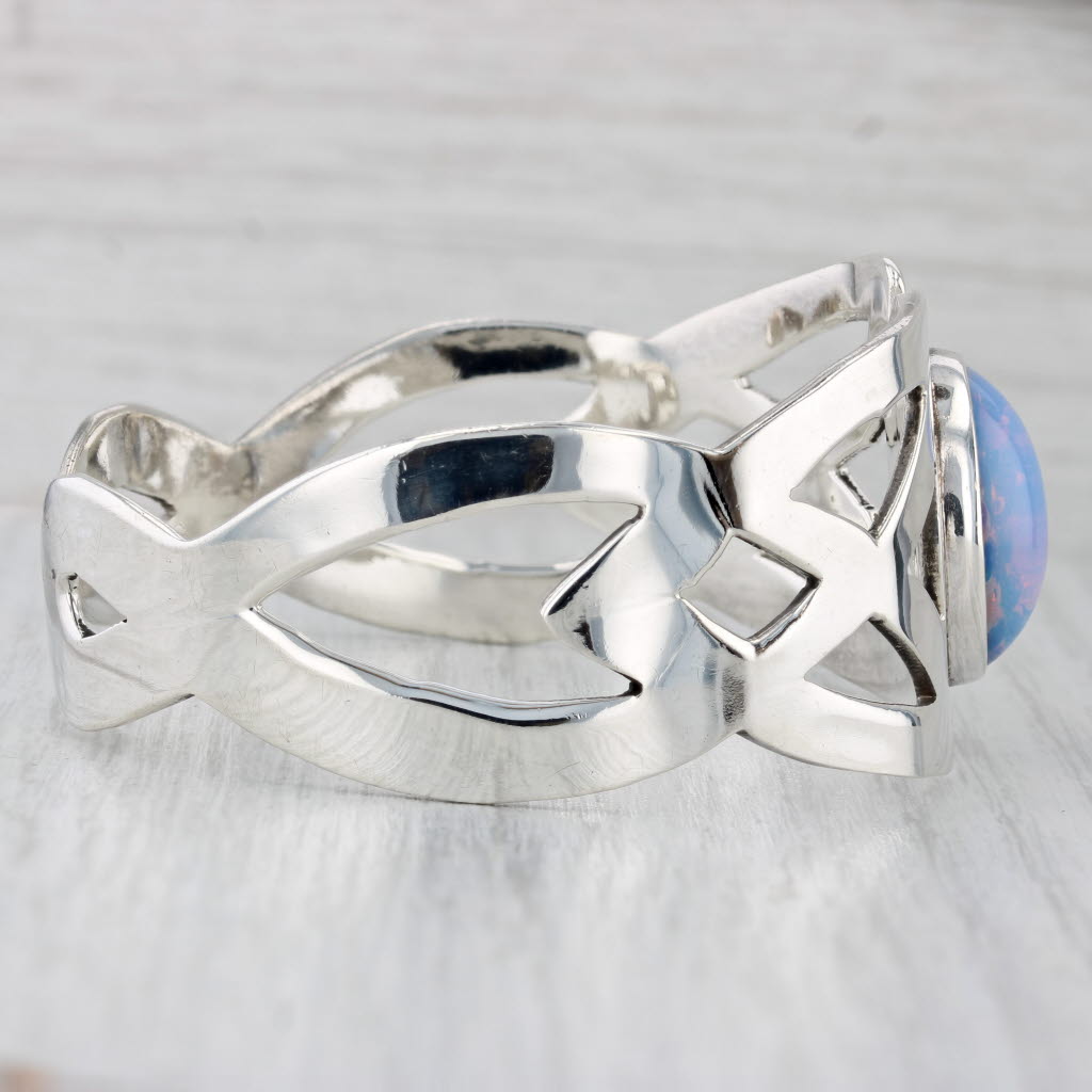 Colorful Imitation Opal Glass Celtic Knot Cuff Bracelet Sterling Silver 7.25"