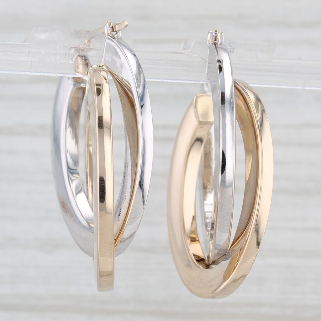 Light Gray Interlocking Hoop Earrings 14k Yellow White Gold Oval Hoops Snap Top