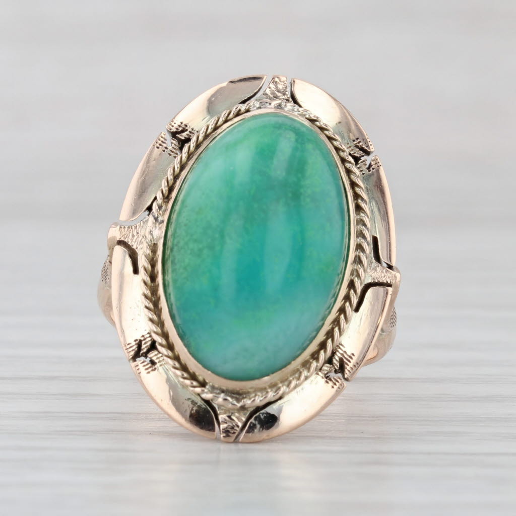 Vintage Oval Cabochon Aquaprase Chalcedony Solitaire Ring 10k Gold Size 6.5