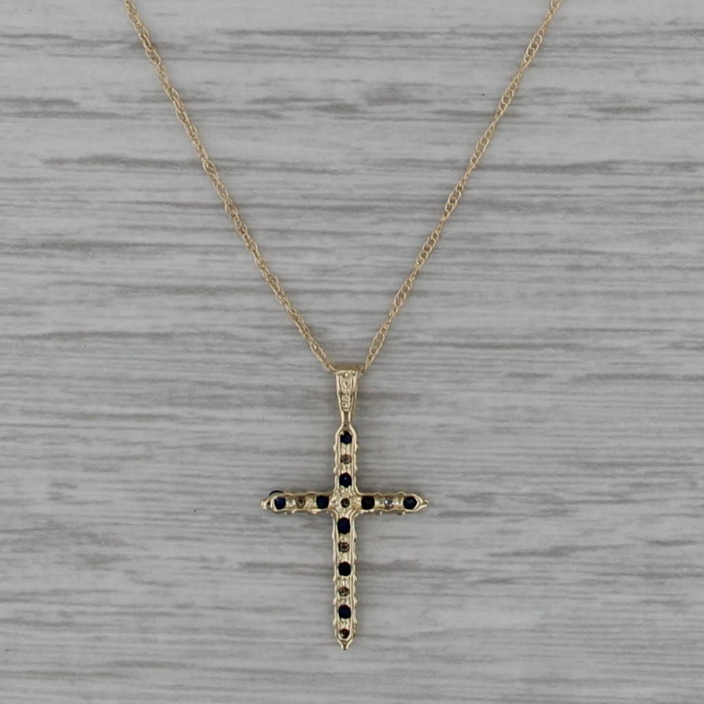 0.22ctw Sapphire Diamond Cross Pendant Necklace 10k Yellow Gold 18" Rope Chain