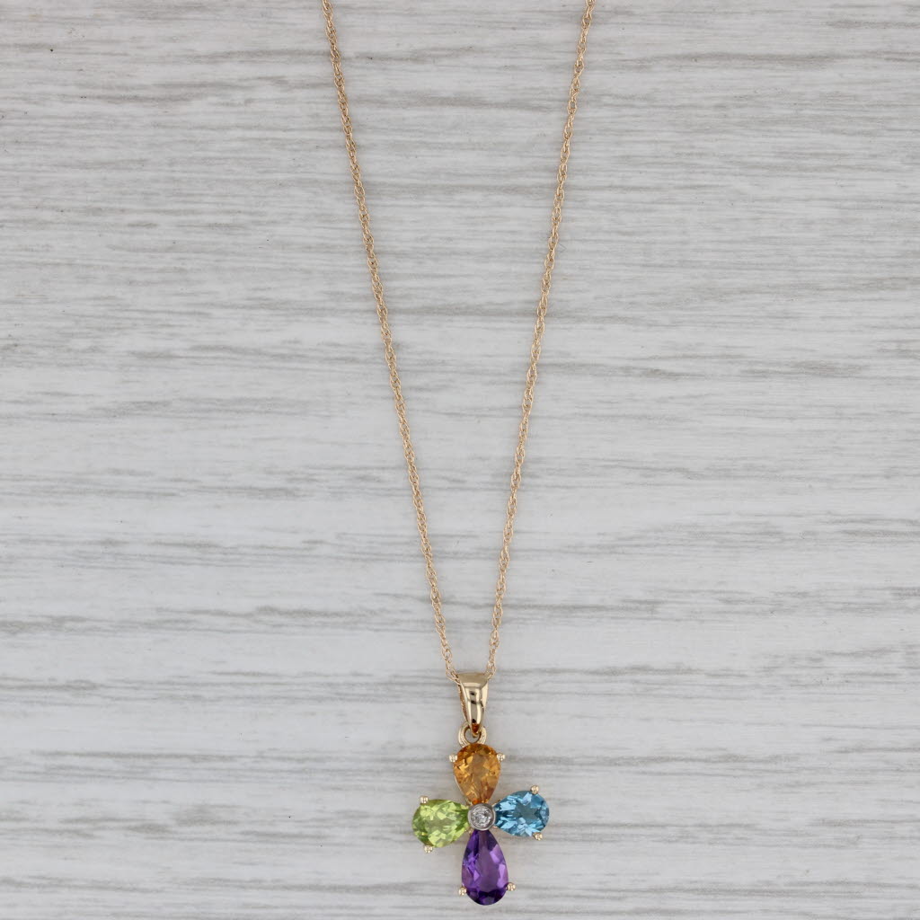 Gray 1.42ctw Gemstone Cross Pendant 14k Gold 19" Peridot Citrine Topaz Amethyst