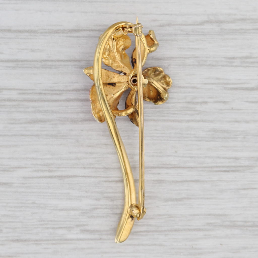 Light Gray Vintage 0.10ct Diamond Enamel Flower Brooch 14k Yellow Gold Floral Bar Pin
