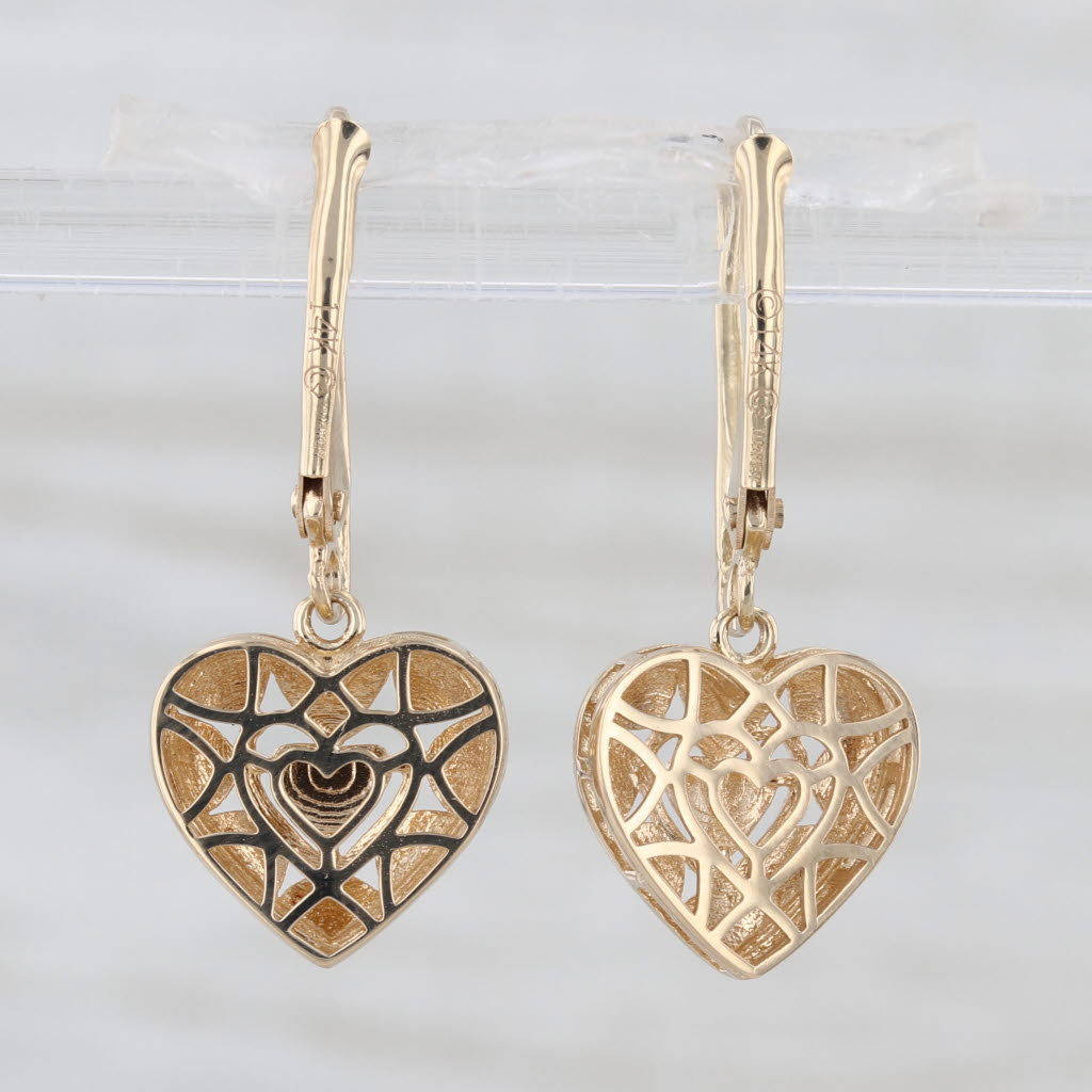 Heart Drop Earrings 14k Yellow White Gold Dangles Lever Backs