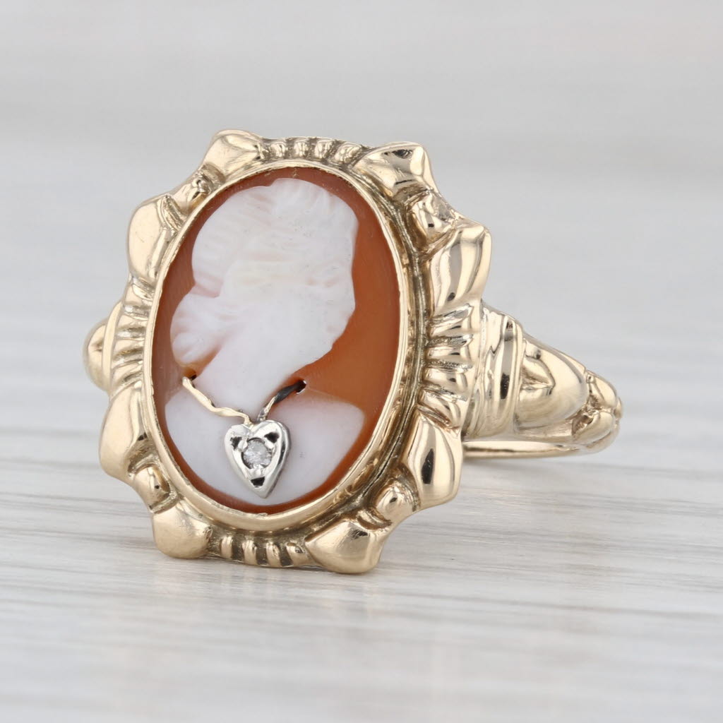 Vintage Shell Carved Cameo Ring 10k Yellow Gold Diamond Accent Size 6
