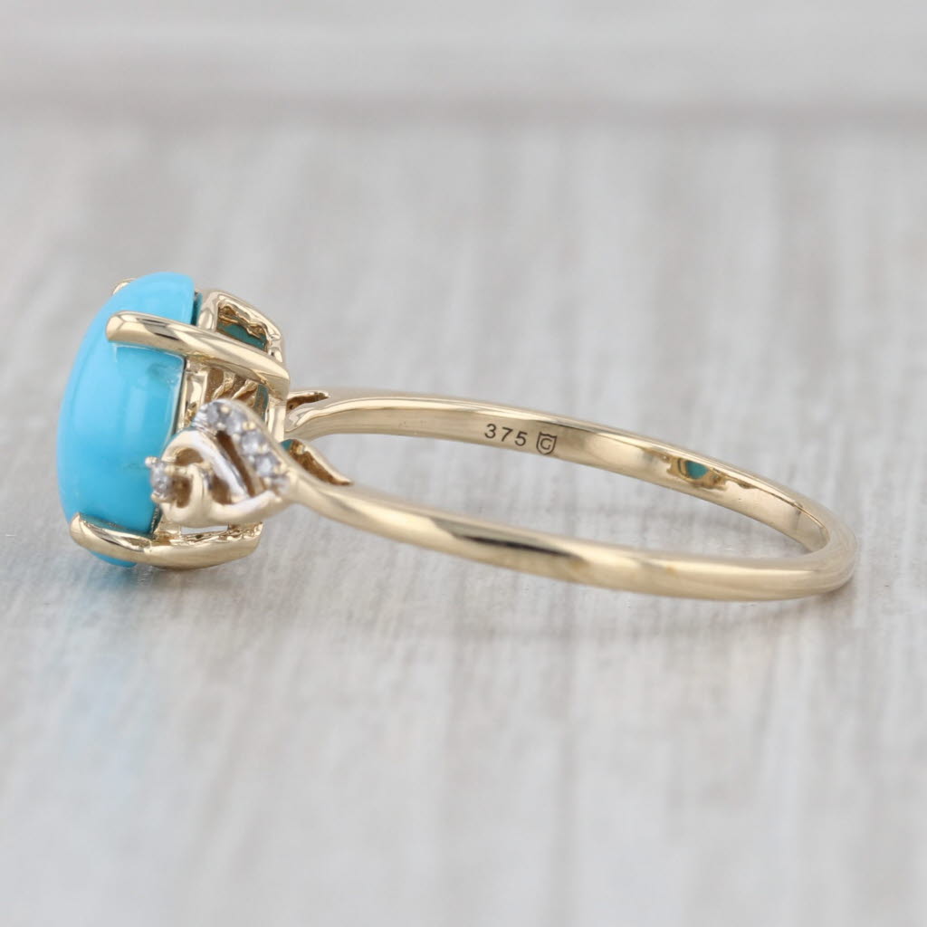 Cabochon Turquoise Diamond Ring 9k Yellow Gold Size 9.25 COA Card