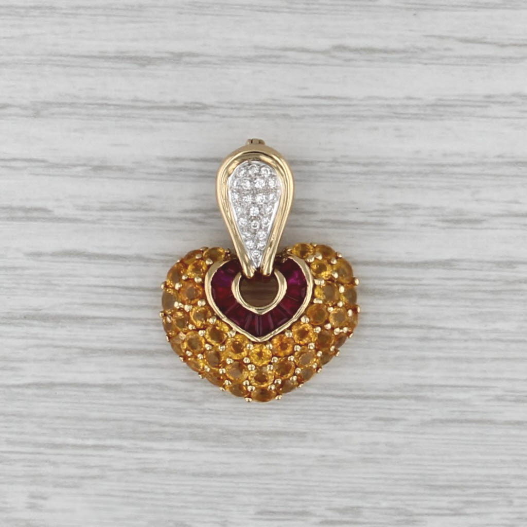 4.02ctw Ruby Yellow Sapphire Diamond Heart Pendant 18k Gold Clip Enhancer Bail
