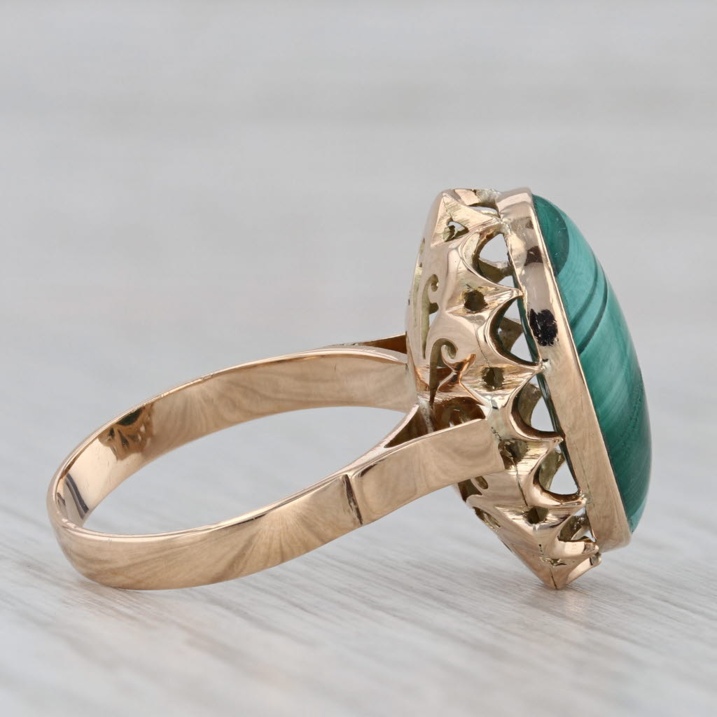 Gray Vintage Malachite Marbled Green Oval Cabochon Ring 12k Yellow Gold Size 7.5