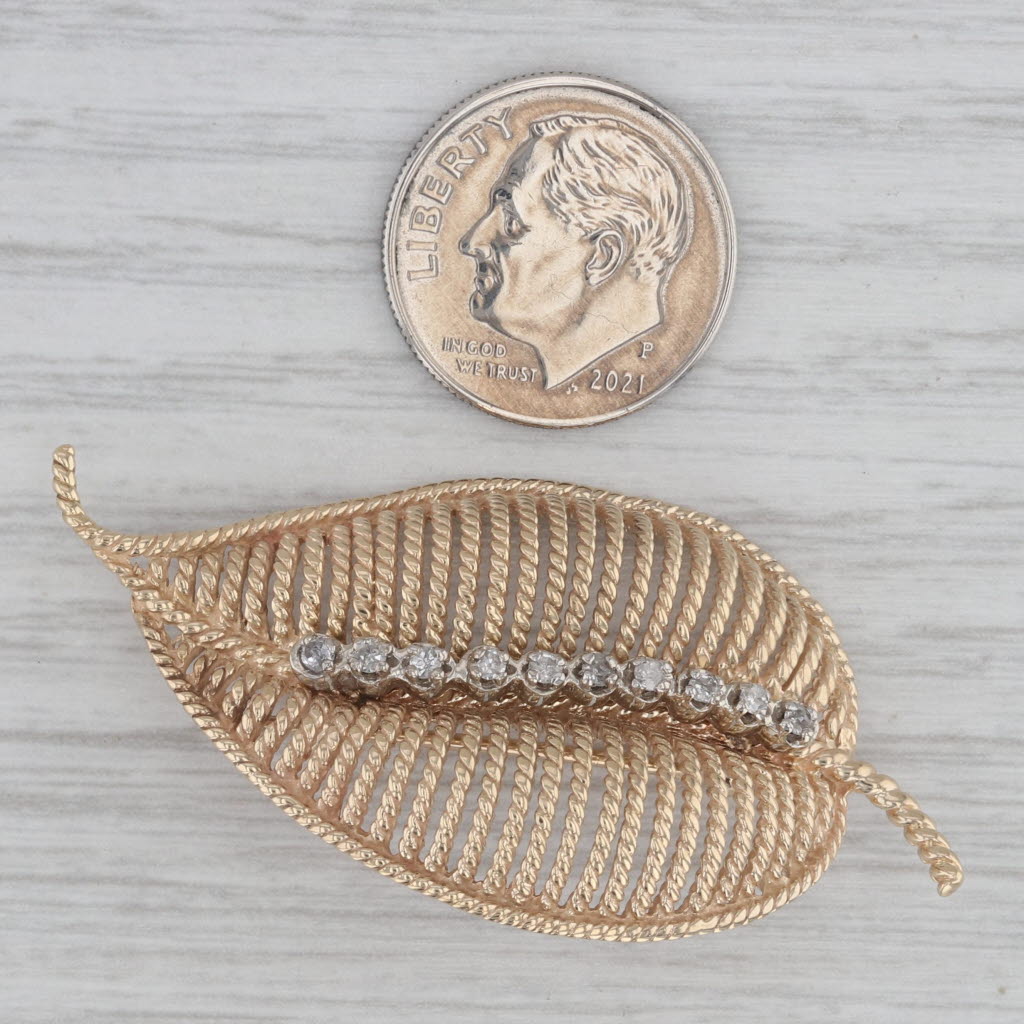 Gray 0.15ctw Diamond Filigree Leaf Brooch 14k Yellow Gold Statement Pin
