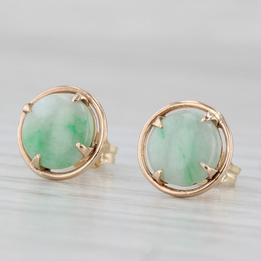 Gray Green Jadeite Jade Stud Earrings 14k Yellow Gold