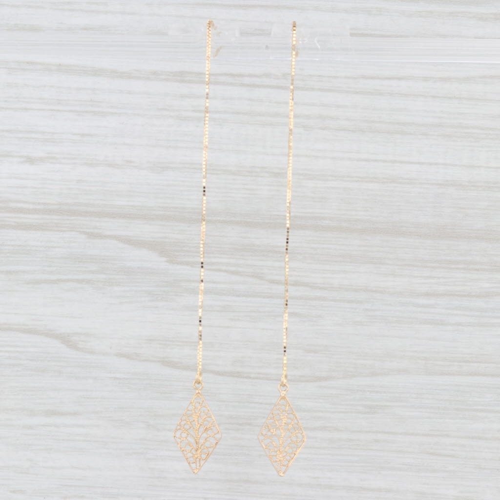 Light Gray Filigree Dangle Threader Earrings 14k Yellow Gold