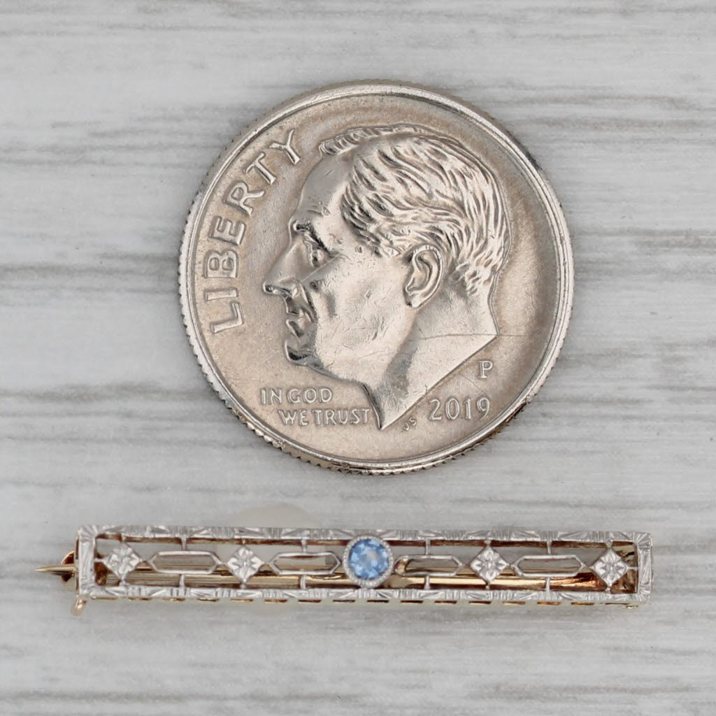 Gray Vintage Lab Created Blue Sapphire Bar Pin Filigree 14k Gold Platinum