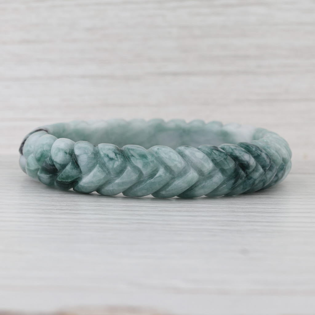 Marbled Green Braid Carved Jadeite Jade Bangle Bracelet 7” 12.8mm Stackable