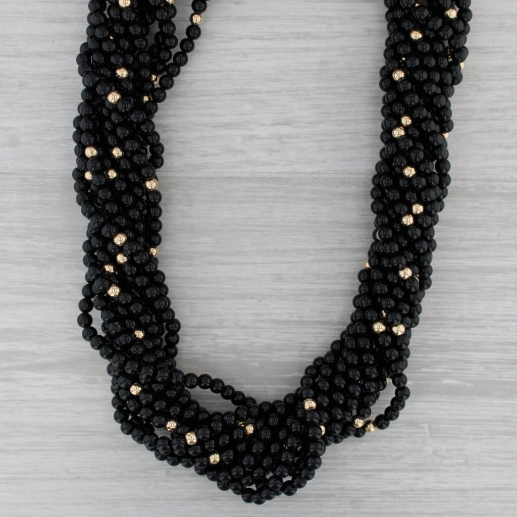 Gray Woven Onyx Bead Statement Necklace Diamond Bow Pendant Brooch 14k Gold 15.5"