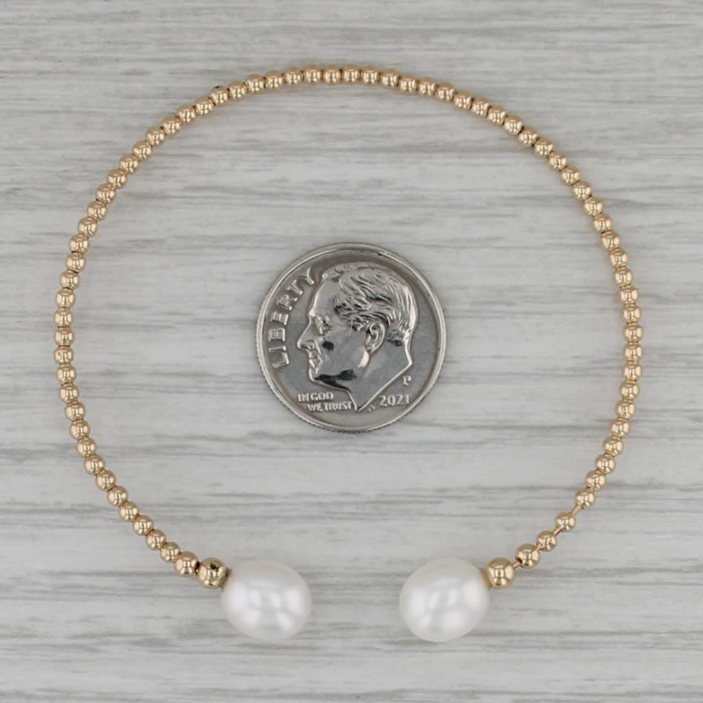 Cultured Pearl Bead Cuff Bracelet 14k Yellow Gold 6.5" 2mm
