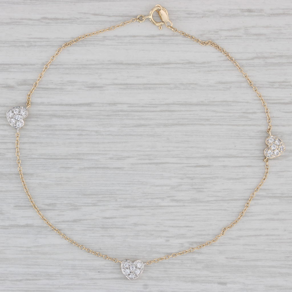 Gray 0.25ctw Cubic Zirconia Heart Station Bracelet 14k Yellow Gold 9" Cable Chain