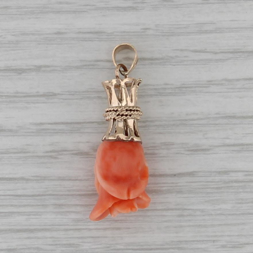 Coral Carved Rose Pendant 14k Yellow Gold Vintage Drop