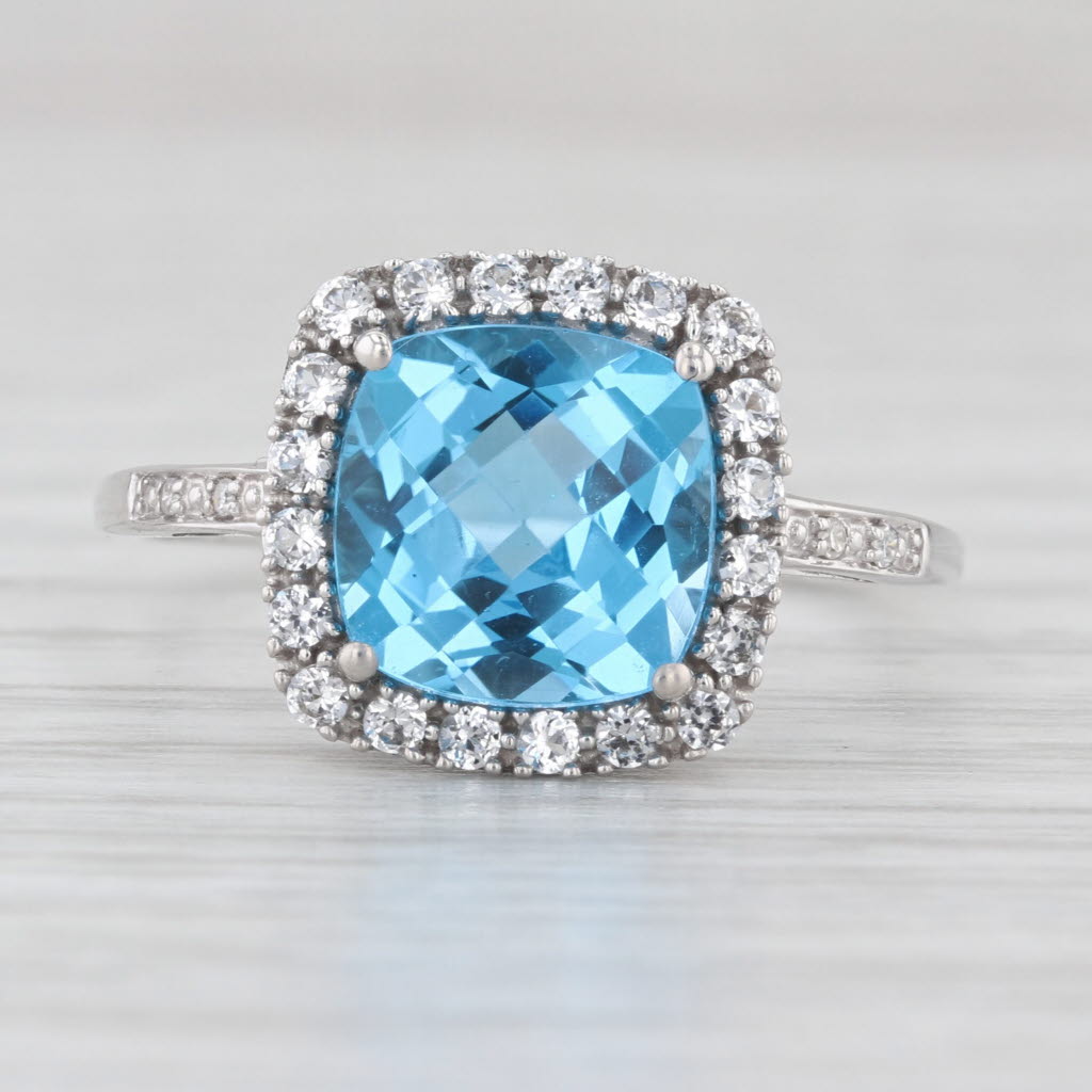 4.36ctw Blue White Topaz Diamond Ring 10k White Gold Size 9.25
