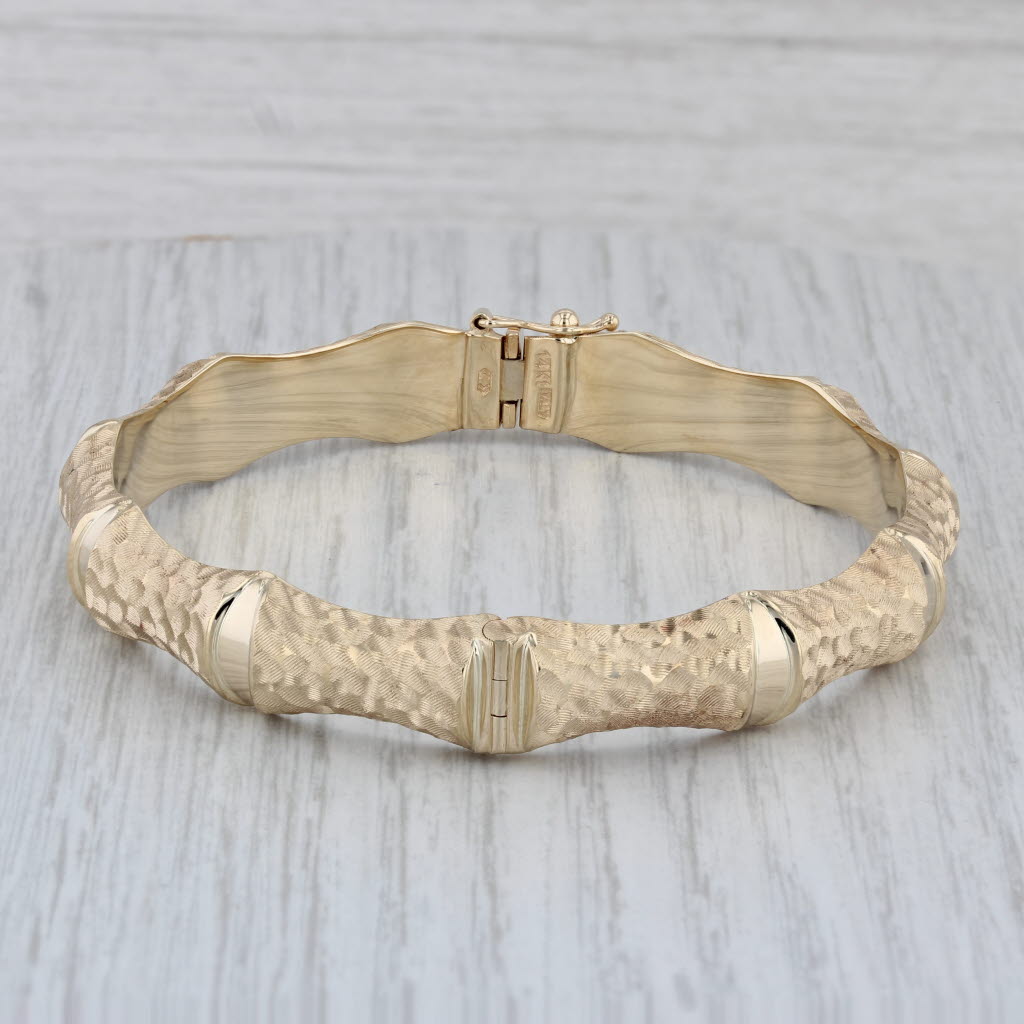 Gray Hammered Bamboo Bangle Bracelet 14k Yellow Gold 7.5" 10.1mm
