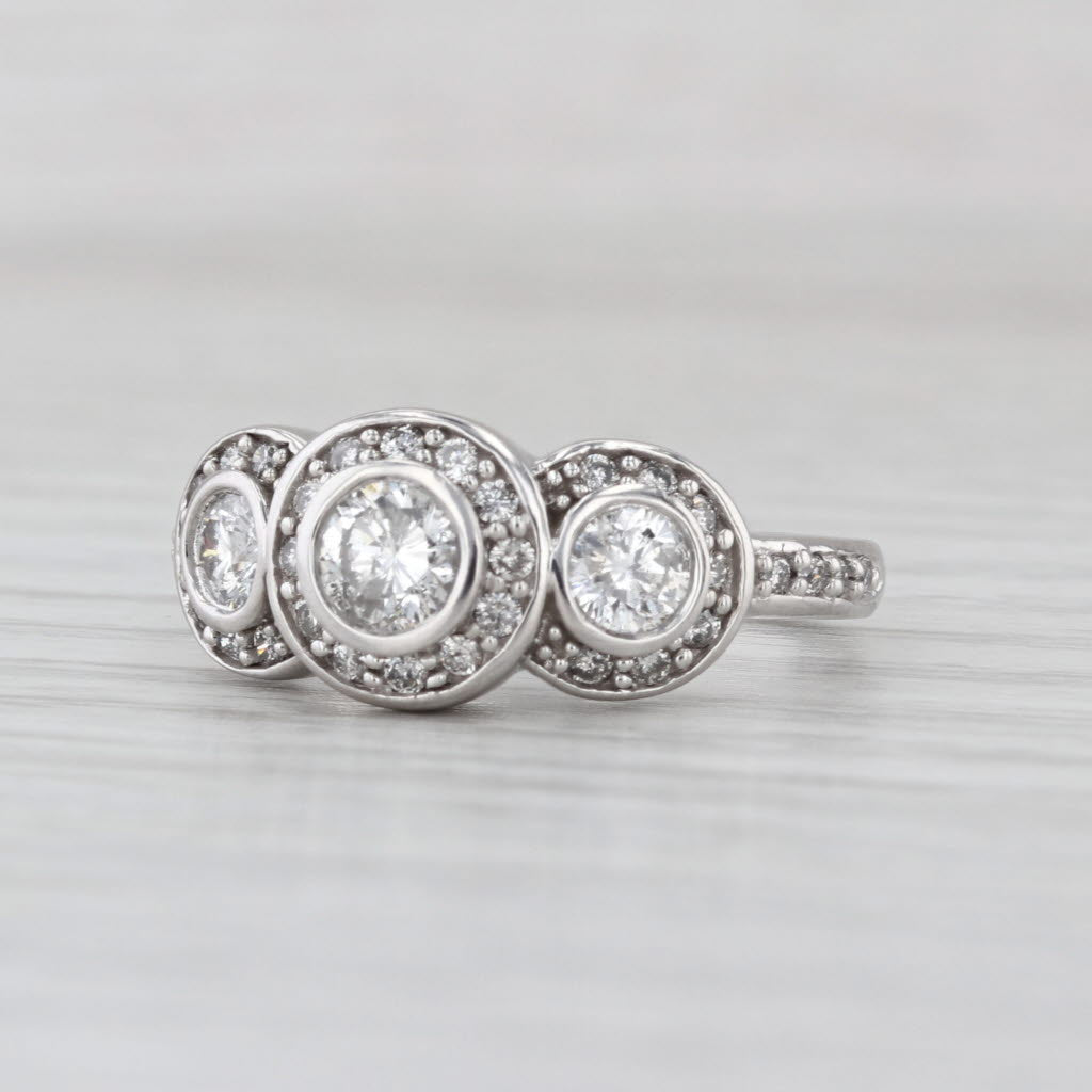1.10ctw Diamond Halo 3-Stone Ring 14k White Gold Size 6.75 Engagement
