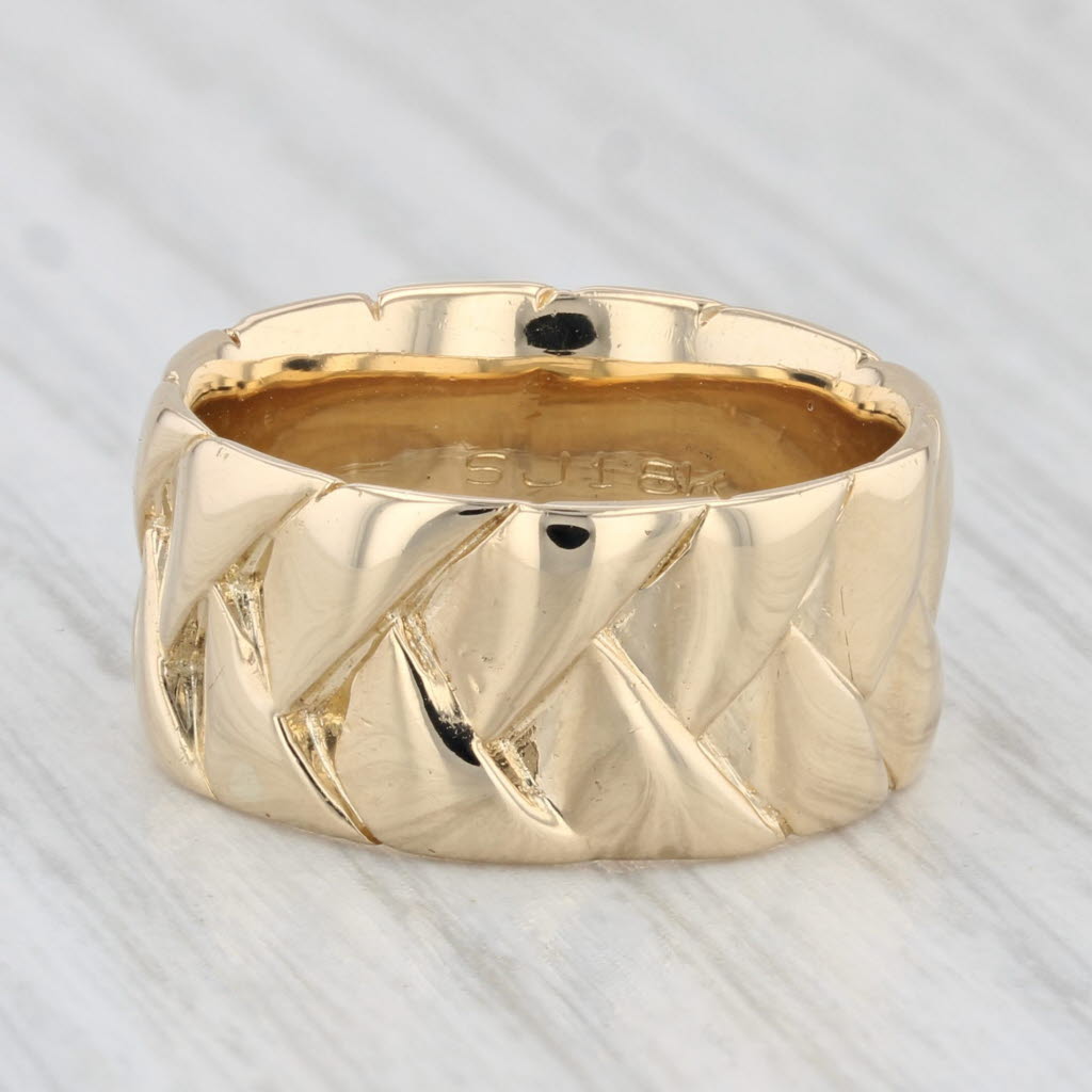 Light Gray Basket Weave Solid Gold Wide Band Ring 18k Yellow Gold Size 5 1/4