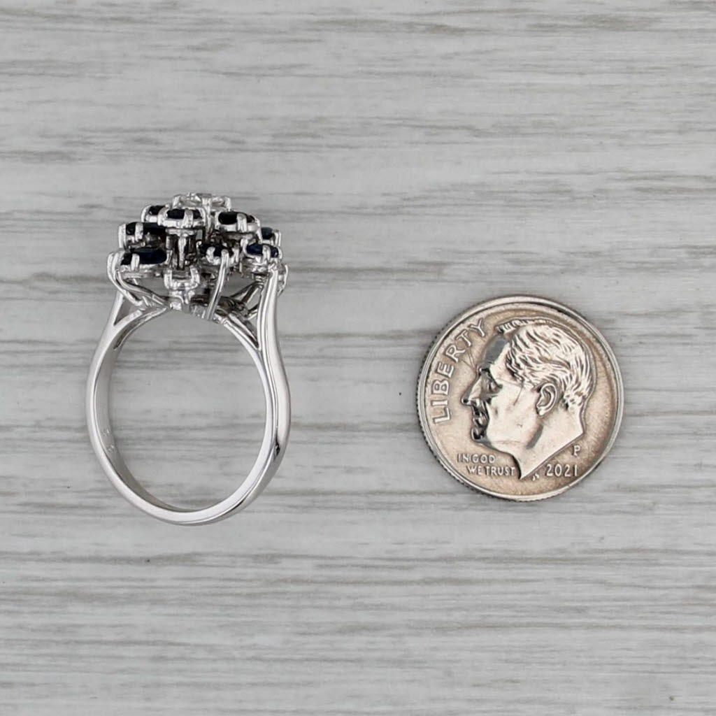 2.17ctw Blue Sapphire Diamond Cluster Cocktail Ring 14k White Gold Size 6.75
