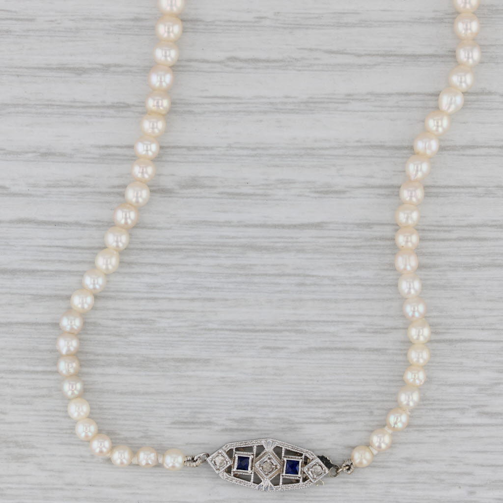 Art Deco Lab Created Sapphire Diamond Graduated Cultured Pearl Necklace 14k Gold