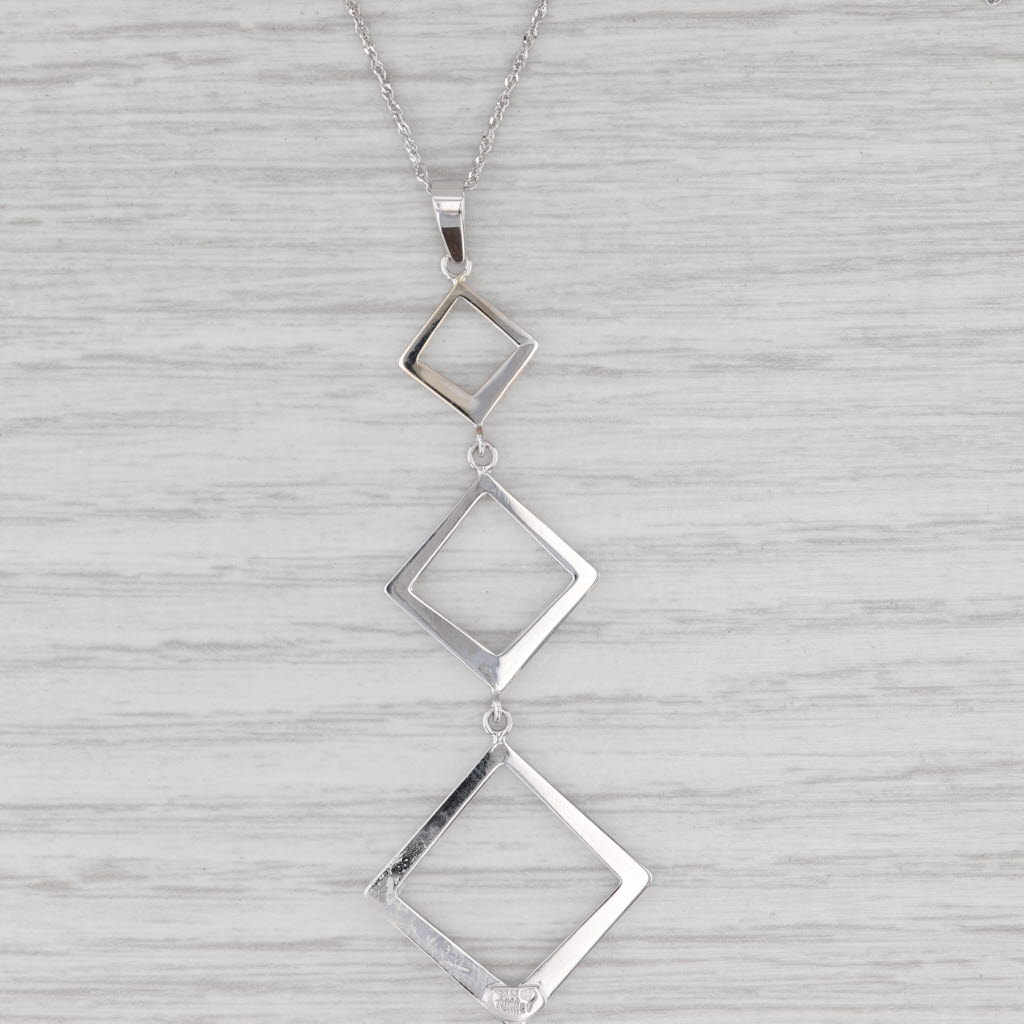 Light Gray Links Square Dangle Pendant Necklace 14k White Gold 18" Rope Chain