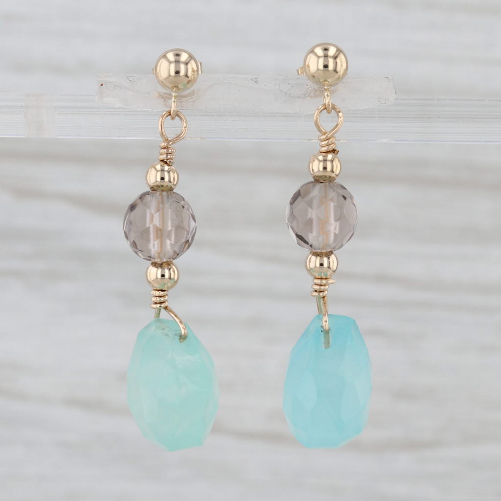 Aqua Praisiolite Amethyst Glass Bead Dangle Earrings 14k Yellow Gold Drops