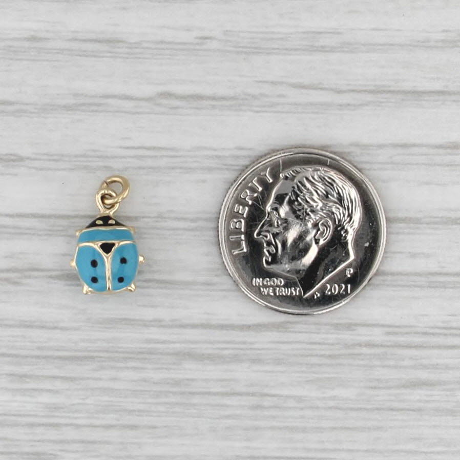 Blue Ladybug Charm 14k Yellow Gold Resin Small Drop Pendant Good Luck