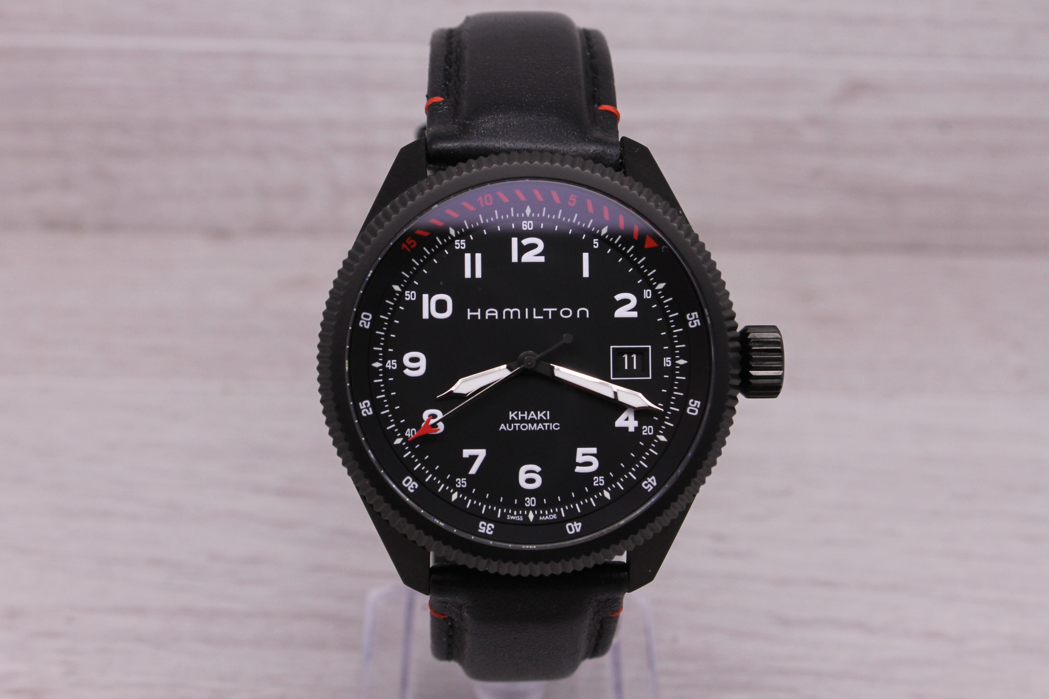 Dark Gray Hamilton Khaki Air Zermatt Mens 42mm Black PVD Automatic Watch w Strap H766950