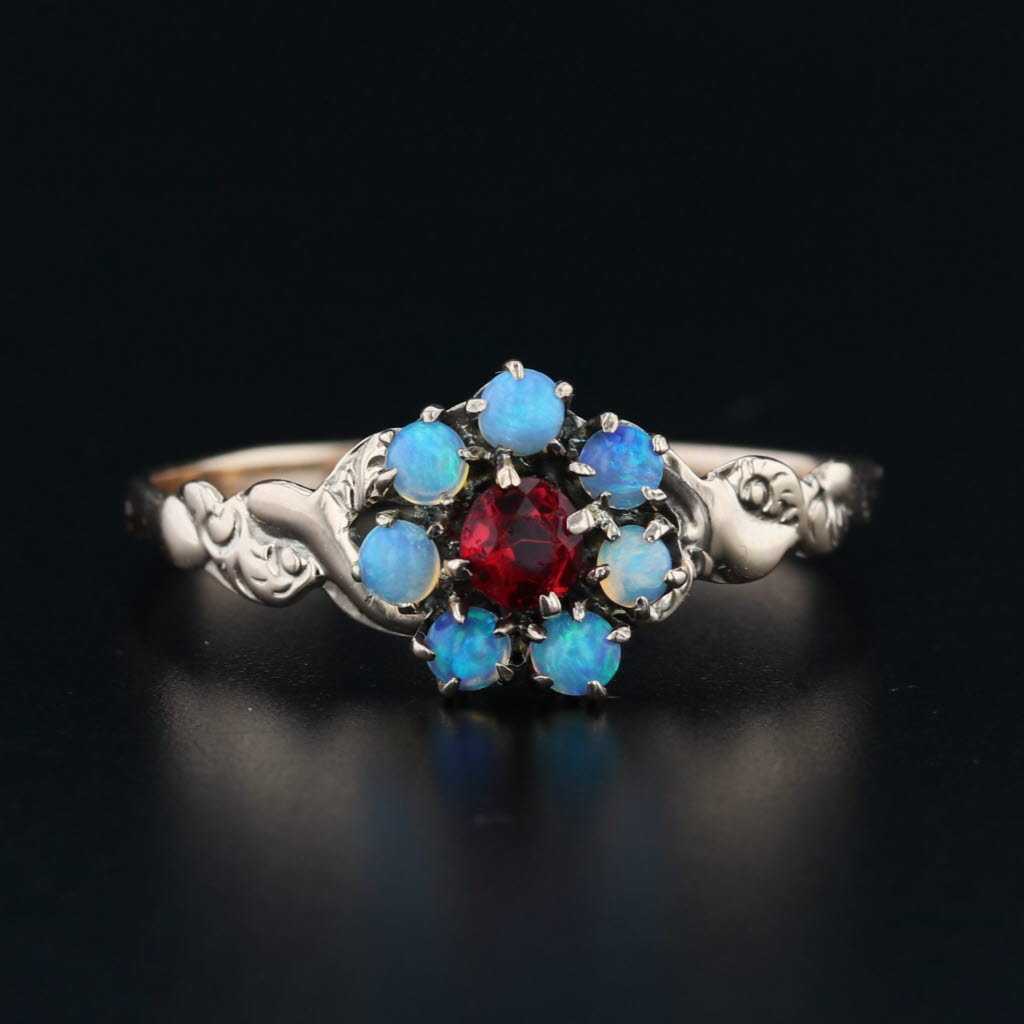 Victorian Antique Blue Opal Red Glass Flower Ring 14k Yellow Gold Size 8.5