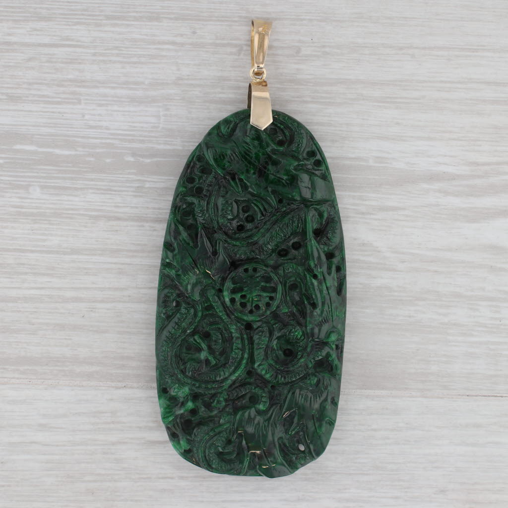 Gray Ornate Carved Jadeite Jade Pendant Chinese Dragon 14k Gold w/ Papers Statement