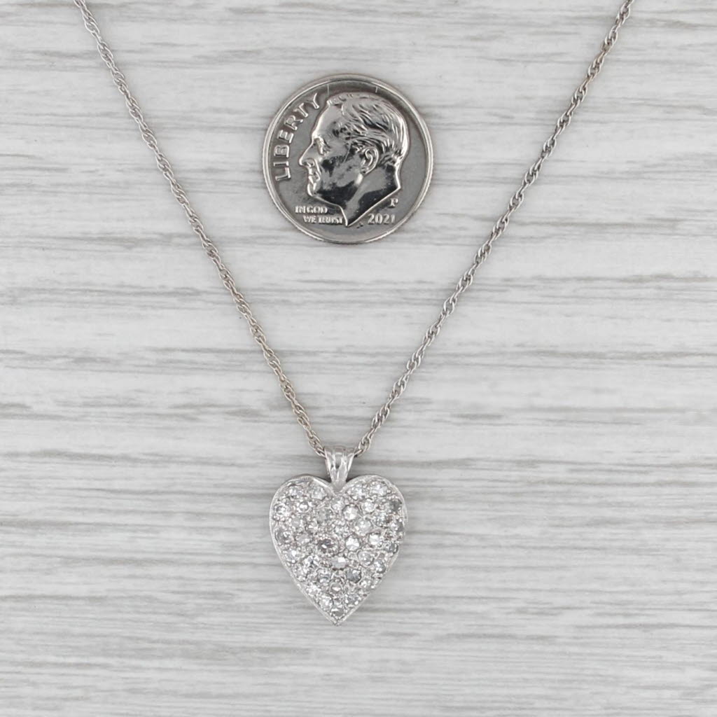 0.70ctw Pave Diamond Heart Pendant Necklace 14k White Gold 16" Rope Chain