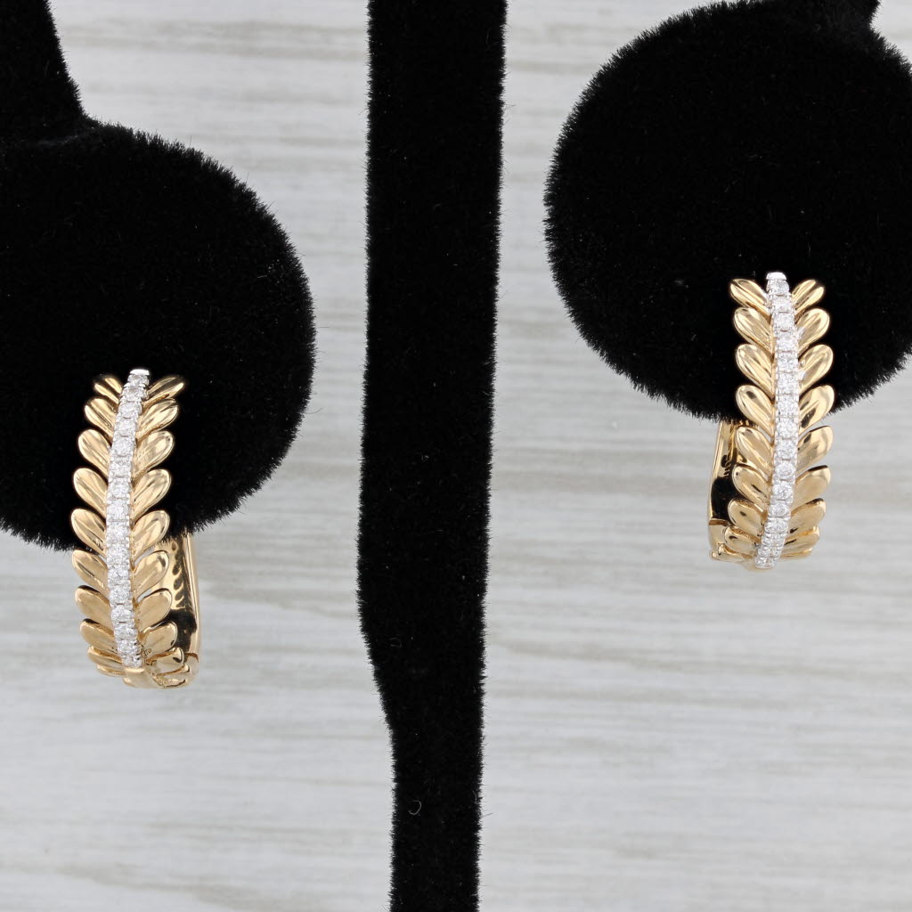Black New 0.17ctw Diamond Leaf Drop Earrings 14k Yellow Gold Hinged Snap Top