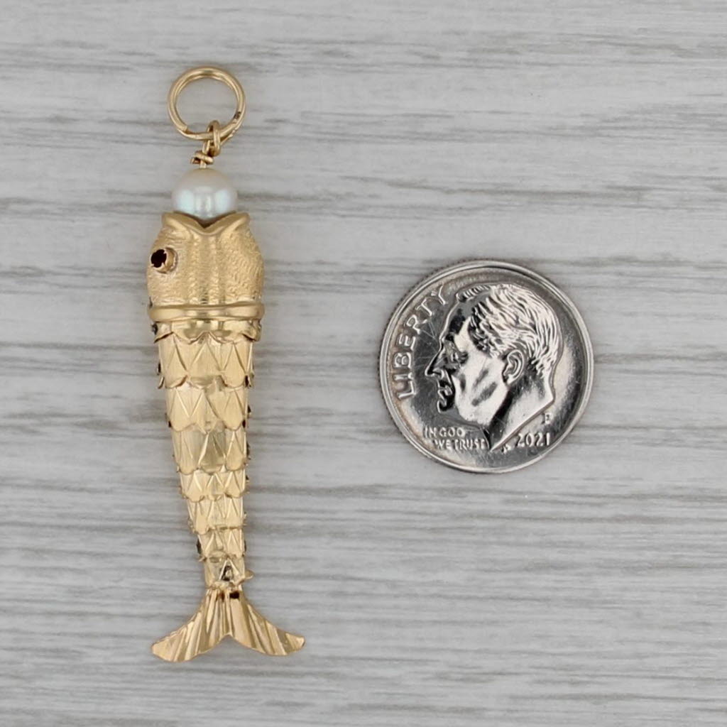 Vintage Cultured Pearl Glass Articulating Fish Pendant 14k Yellow Gold Charm