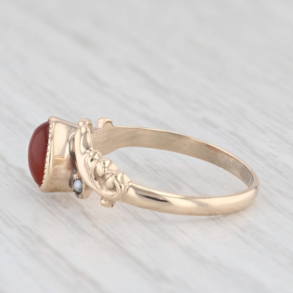Light Gray Antique Oval Cabochon Red Carnelian Pearl 10k Yellow Gold Size 4.5 Ring