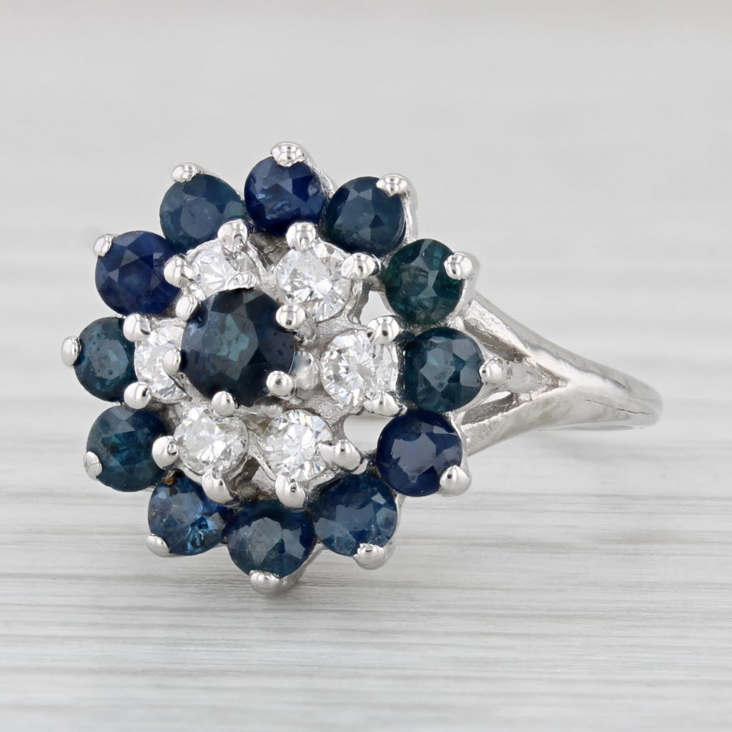 Light Gray 2.27ctw Blue Sapphire Diamond Halo Flower Ring 14k White Gold Size 6.5 Cluster
