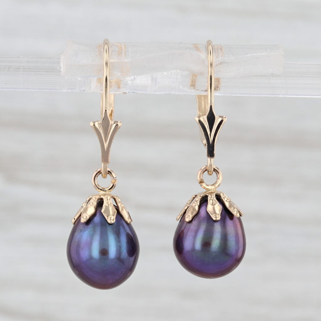 Cultured Black Pearl Drop Earrings 14k Yellow Gold Lever Backs