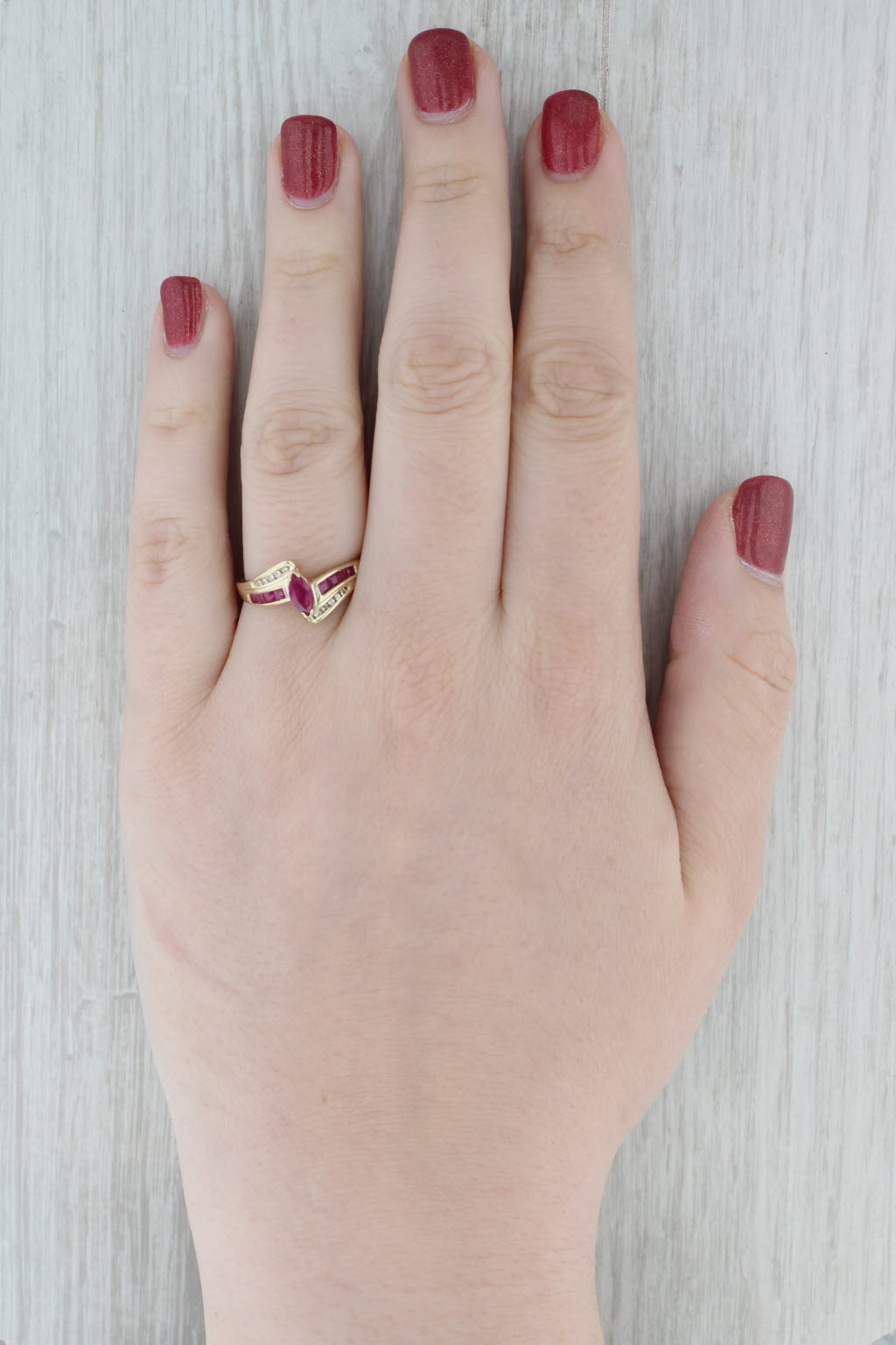 Gray Marquise Ruby Diamond Bypass Ring 10k Yellow Gold Size 9.25