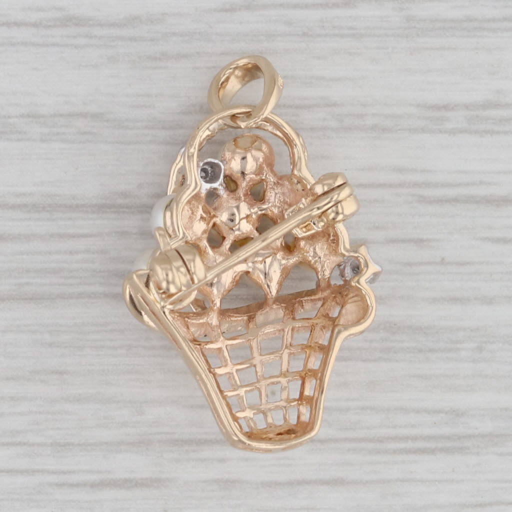 Gray Cultured Pearl Cluster Basket Flower Bouquet Pendant Pin 14k Gold Brooch Diamond