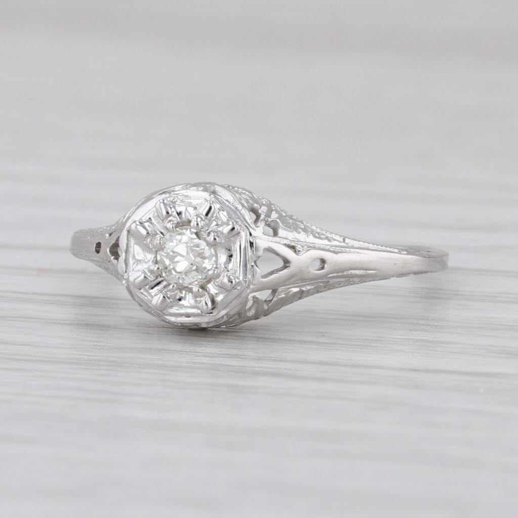 Art Deco 0.10ct Diamond Engagement Ring 18k Gold Filigree Old European Solitaire