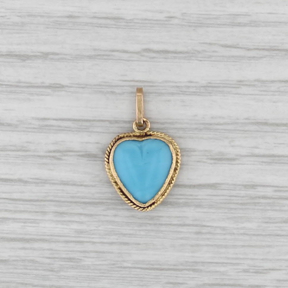Blue Molded Glass Cabochon Heart Pendant Necklace 14k Yellow Gold Charm
