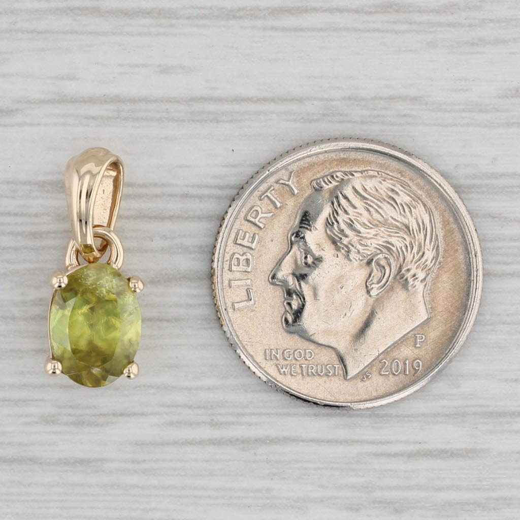 Gray 1.25ct Green Sphene Pendant 10k Yellow Gold Small Oval Solitaire Drop