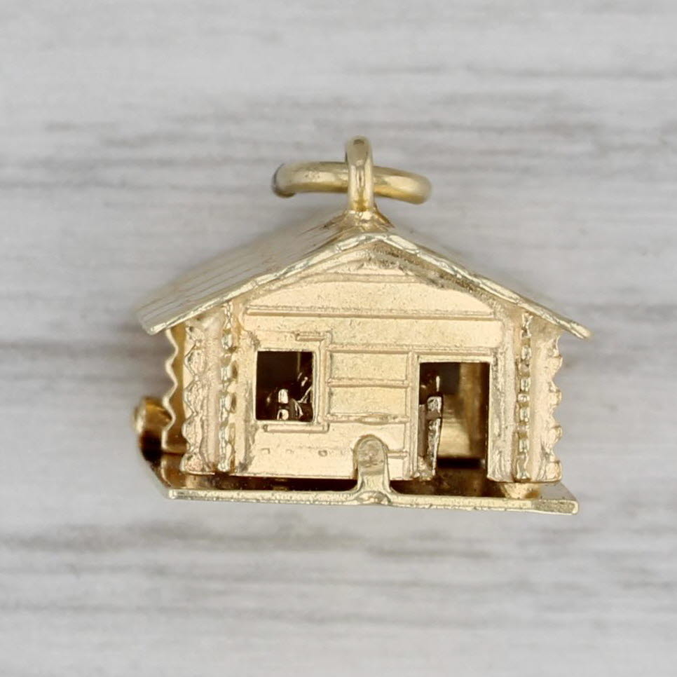 Gray Log Cabin Charm 14k Yellow Gold Opens 3D Souvenir Vintage Pendant