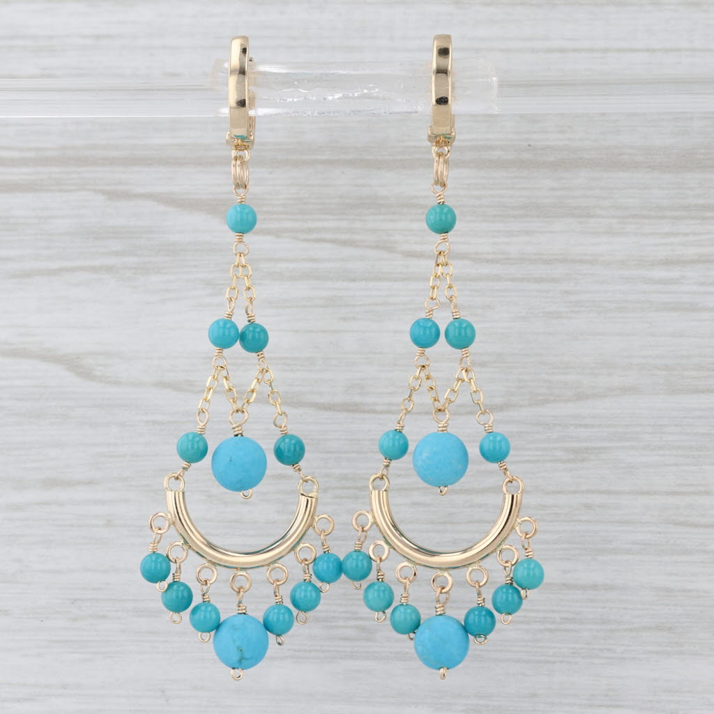 Imitation Turquoise Dangle Earrings 14k Yellow Gold Diamond Hoops