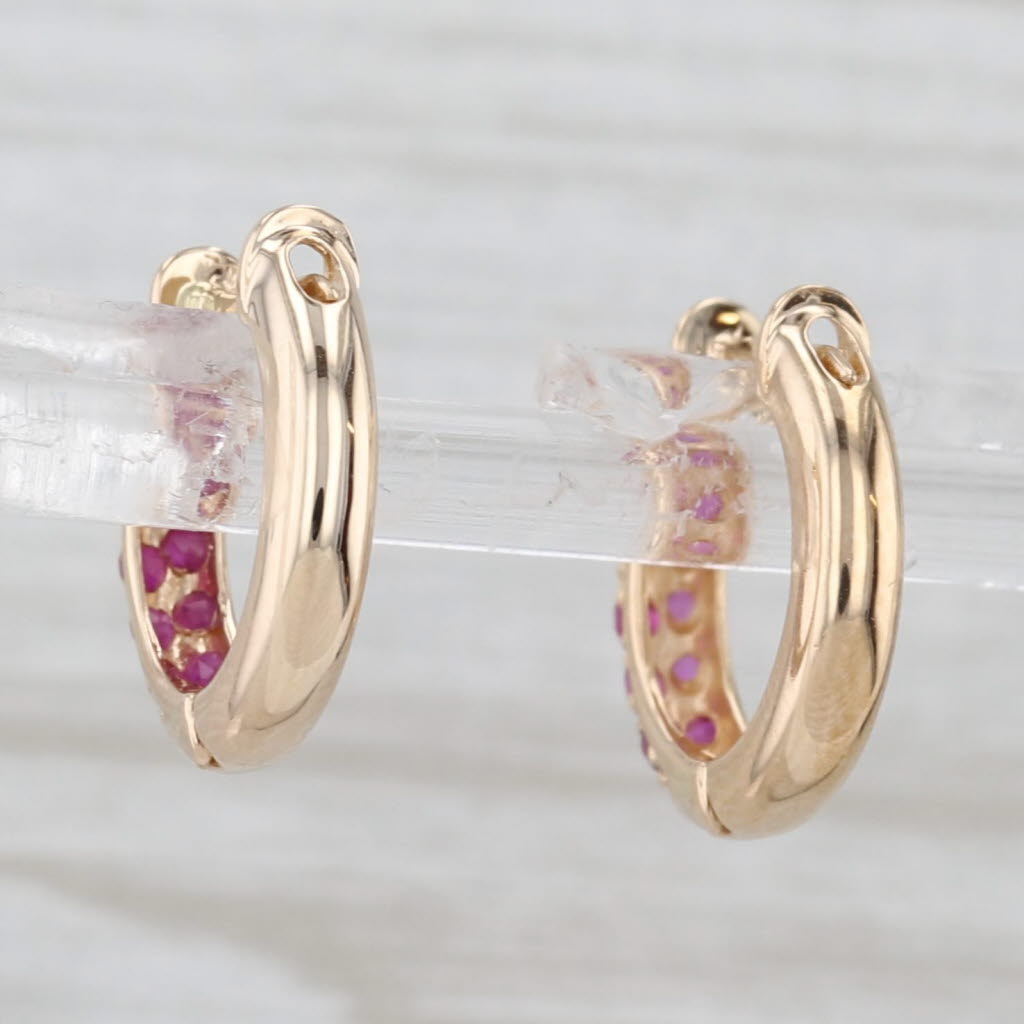 Light Gray 0.54ctw Ruby Hoop Huggie Earrings 14k Yellow Gold Small Round Hoops