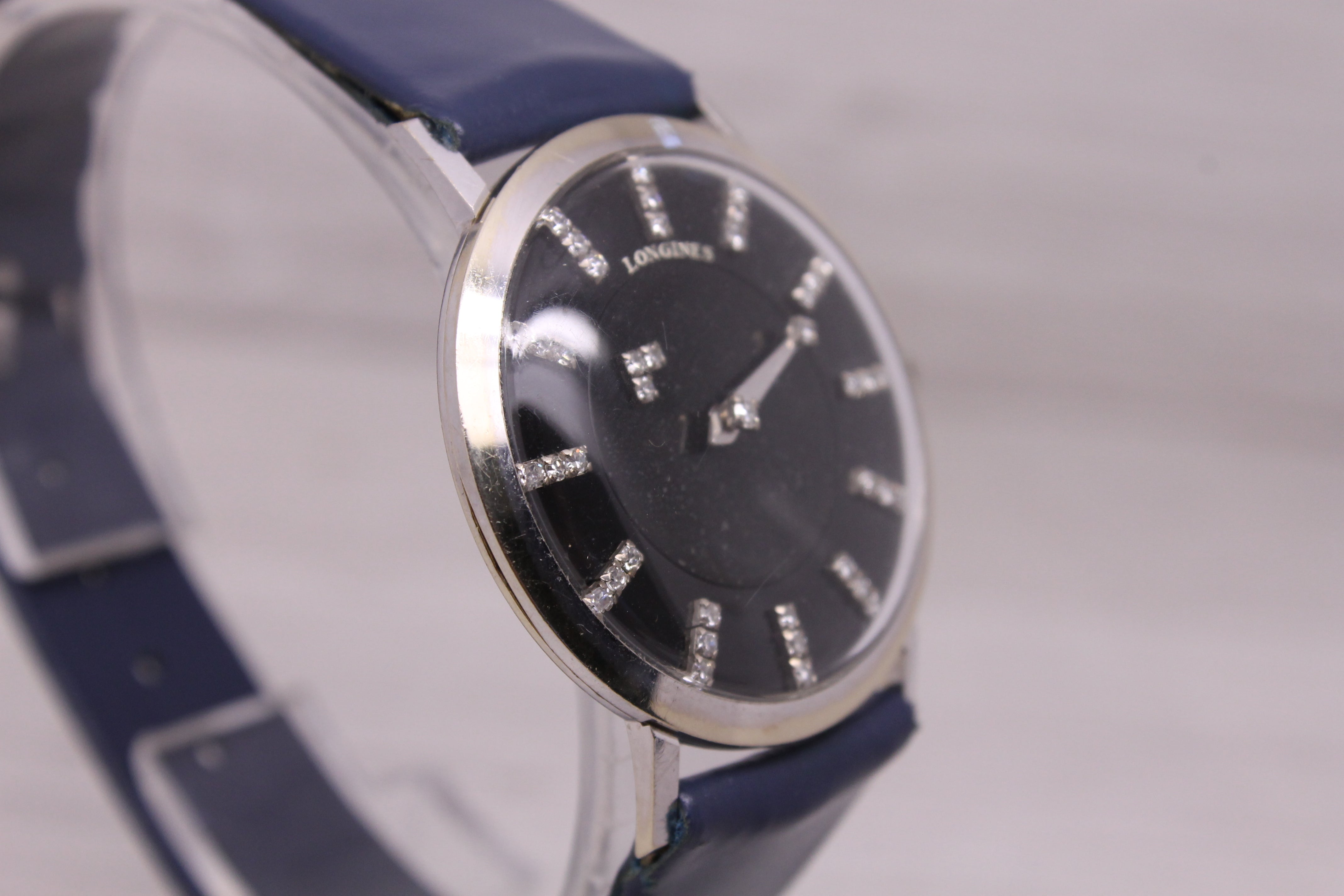 Dark Gray Vintage c1957 Longines 14k White Gold Mens Diamond Dial Mystery Watch Buckle Box